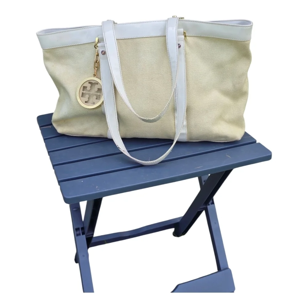 Tory Burch Jane Beige Canvas Tote Leather Purse Handbag Satchel Tan White Logo